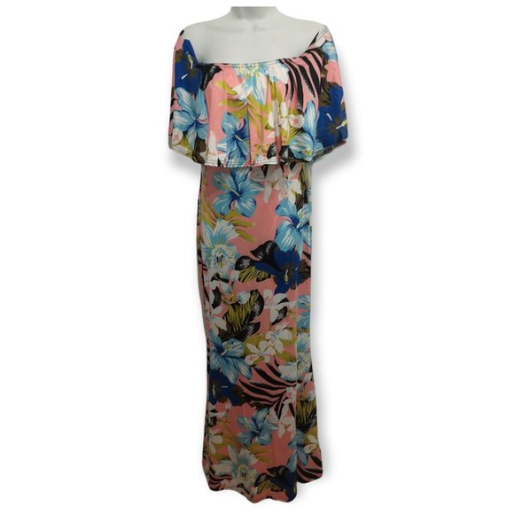 Stretchy Off-Shoulder Floral Hawaii Maxi Dress multcolor L - Picture 1 of 12